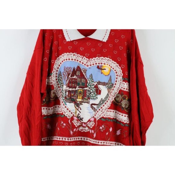 Vintage 90s Streetwear Womens Large Farmhouse Christmas Collared Sweatshirt USA - Picture 3 of 9